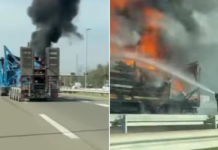 (ВИДЕО) Страшни сцени на автопат: Избувна пожар на сред пат, пожарникарите се борат со пламените јазици