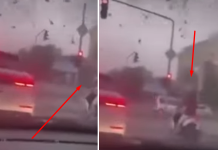 (Видео) Вознемирувачки снимки од Скопје: Возач на мотор чека на семафори – врз него паѓа кров